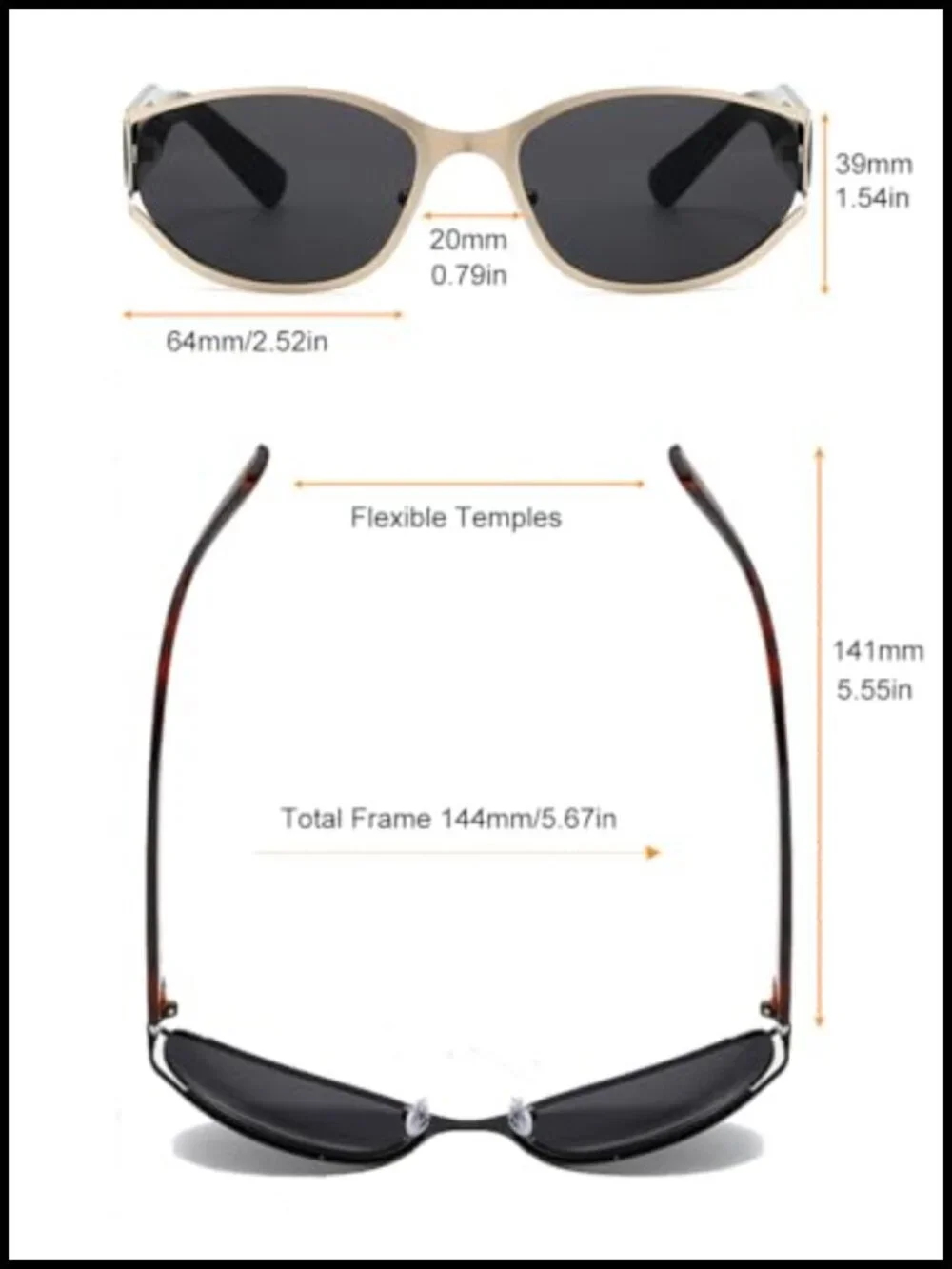 Y2K Wrap Around Sunglasses Retro Oval Lens UV400 Metal Frame